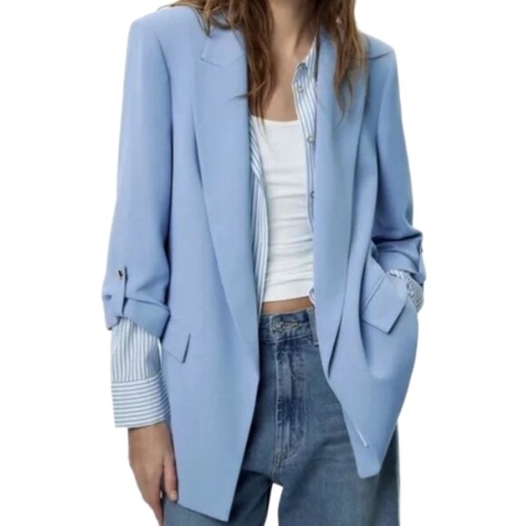 ZARA Baby Blue Oversized Rolled Sleeve Blazer Jacket Women’s Size XS Pastel Work - Picture 1 of 9